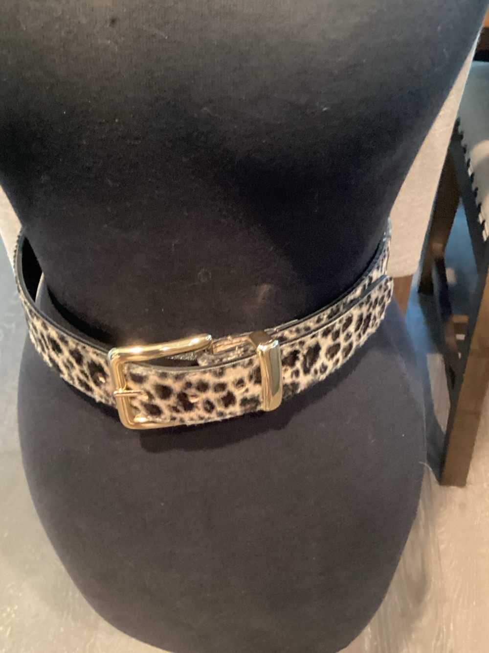 Leopard Print Wide Belt with Gold Buckle - Black/Tan